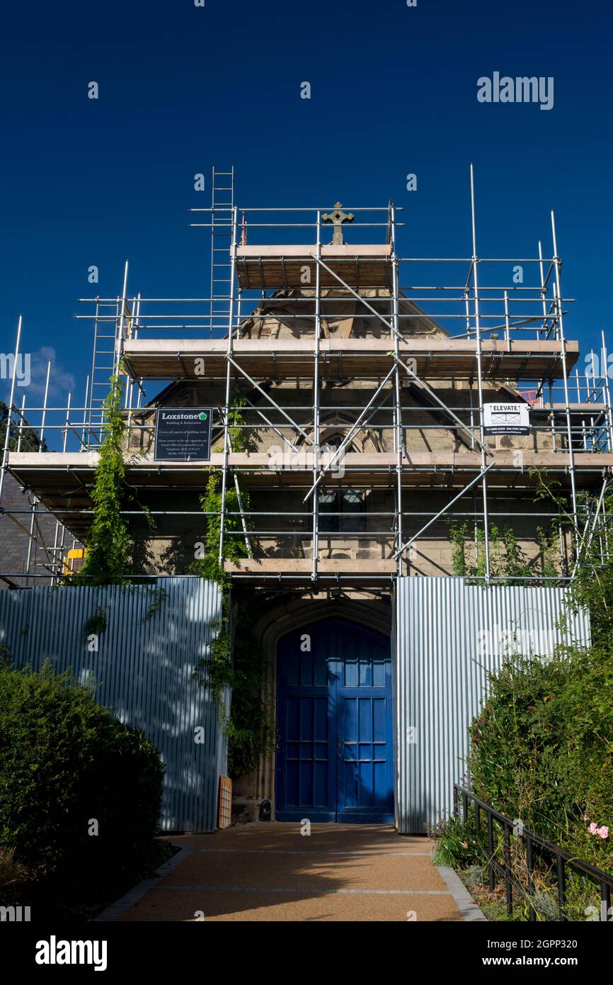 Scaffolding on St. Paul`s Church, Warwick, Warwickshire, England, UK Stock Photo